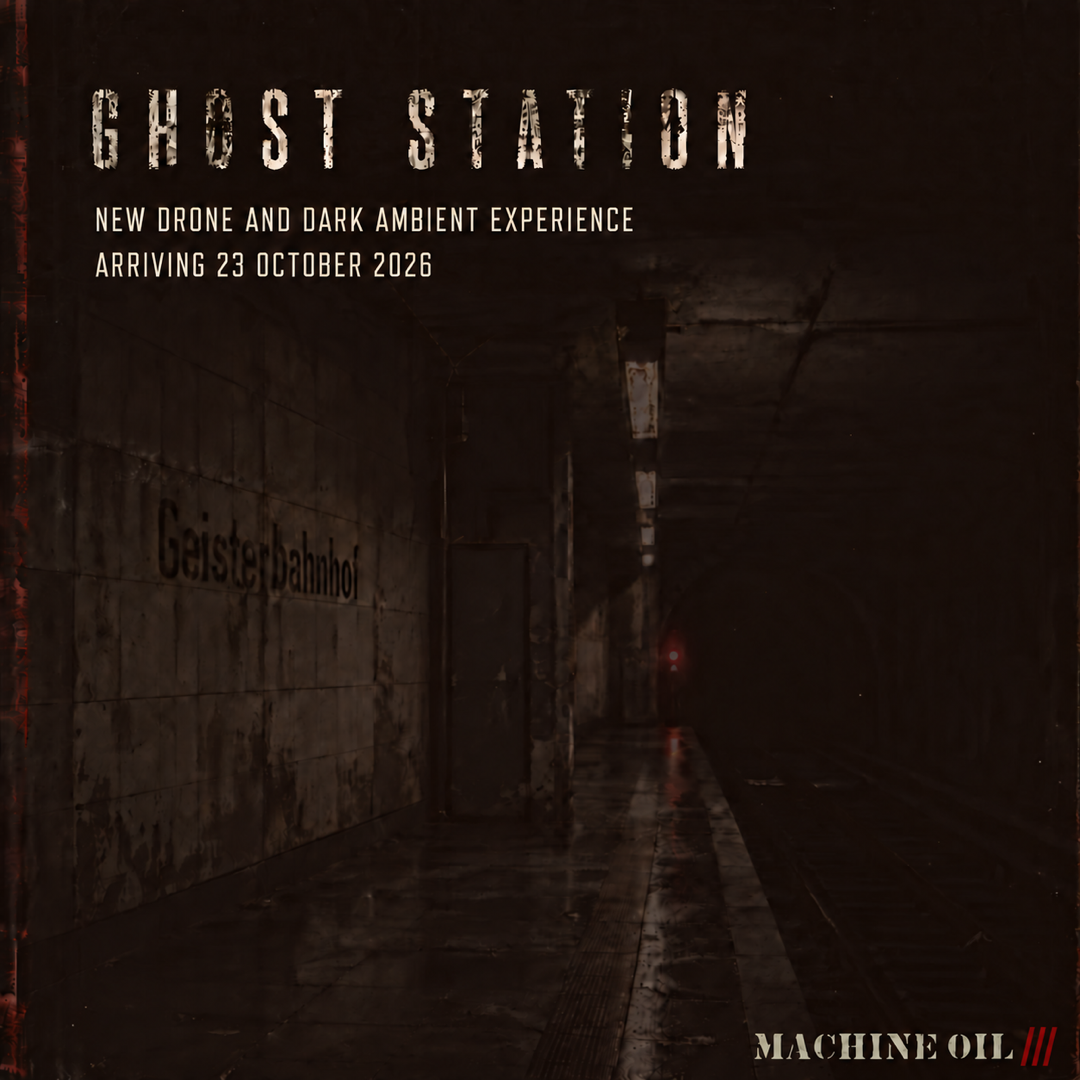Ghost Station cover: an abandoned subway platform, Geisterbahnhof painted on the wall, and a red signal in the tunnel.